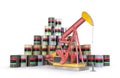 Oil pump with wall of barrels with flag isolated on the white background.