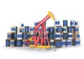 Oil pump with wall of barrels with flag isolated on the white background.