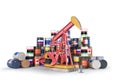 Oil pump with wall of barrels with flags isolated on the white background.