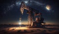 Oil pumpjack on oil well in night sandy desert beautiful moonlight sky, oil rich area production