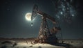 Oil pumpjack on oil well in night sandy desert beautiful moonlight sky, oil rich area production