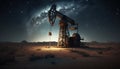 Oil pumpjack on oil well in night sandy desert beautiful moonlight sky, oil rich area production