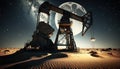 Oil pumpjack on oil well in night sandy desert beautiful moonlight sky, oil rich area production