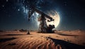 Oil pumpjack on oil well in night sandy desert beautiful moonlight sky, oil rich area production