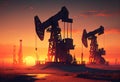 Oil pumps mined oil and gas at sunset illustration. AI generative