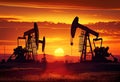 Oil pumps mined oil and gas at sunset illustration. AI generative