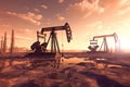 Oil pumps at sunset. Oil industry. 3d render illustration
