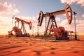 Oil pumps at sunset. Oil industry. 3d render illustration