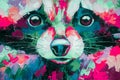 Oil raccoon portrait painting in multicolored tones. Conceptual abstract painting of a raccoon. Closeup of a painting by Royalty Free Stock Photo