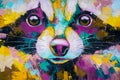 Oil raccoon portrait painting in multicolored tones. Conceptual abstract painting of a raccoon. Closeup of a painting by Royalty Free Stock Photo