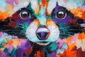 Oil raccoon portrait painting in multicolored tones. Conceptual abstract painting of a raccoon. Closeup of a painting by Royalty Free Stock Photo
