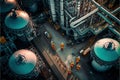 Oil refinery, aerial view, industrial factory. Generative Ai