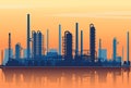 Oil refinery silhouette on sunset background. Vector illustration. Royalty Free Stock Photo