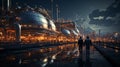 Oil refinery engineer, oil industry worker stands in front of a large