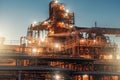 Oil refinery factory in night, steel towers, vats and pipeline, modern production of energy and petroleum concept Royalty Free Stock Photo