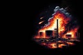 Oil refinery on fire on dark background.