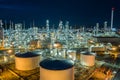 Oil refinery and gas petrochemical industry with storage tanks steel  pipeline area at twilight aerial view from drone Royalty Free Stock Photo