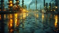 A blurred oil refinery at night with lights reflected in the water Royalty Free Stock Photo