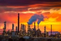 Oil refinery with numerous pipelines and storage tanks, spewing thick fumes into the sky, as a fiery sunset looms behind it Royalty Free Stock Photo