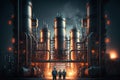 Oil refinery with people at work. Large industrial refinery with intricate pipelines. Generative Ai