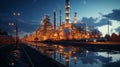 oil refinery petrochemical chemical plant with equipment and tall pipes at night. AI generated