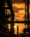 Oil refinery pipes across compartment units, sunset silhouette, industrial grandeur Royalty Free Stock Photo