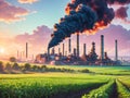 Oil refinery plant with blue sky and green field at sunset. Royalty Free Stock Photo