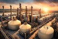 Oil refinery plant chemical factory and power plant with many storage tanks and pipelines at sunset Royalty Free Stock Photo