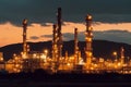 Oil refinery plant for crude oil industry on desert in evening twilight, energy industrial machine for petroleum gas Royalty Free Stock Photo