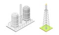 Oil refinery plant elements set. Oil rig with fire and tanks isometric vector illustration Royalty Free Stock Photo