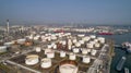 Oil refinery plant from industry zone, Aerial view oil and gas industrial, Refinery factory oil storage tank and pipeline steel