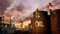 petroleum refinery plant with storage tanks on sundown, fictitious design - industrial 3D illustration