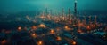 Oil refinery plant at twilight in an industrial zone captured from above. Concept Aerial View, Oil Refinery, Industrial Zone, Royalty Free Stock Photo