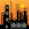 Oil refinery silhouette at sunset