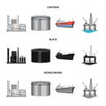 Oil refinery, tank, tanker, tower. Oil set collection icons in cartoon,black,monochrome style vector symbol stock