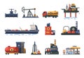 Oil refining industry. Cartoon oil refinery plant with oil barrels and pipeline, tanker truck and tanker ship, oil