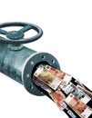 Oil revenues. Fragment of a metal pipe with a valve. The flow of leaking oil with paper notes of Russia`s Rubles of 1997. 3d