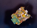 Oil rig accident spill into sea, aerial top view. Concept ecological disasters water Royalty Free Stock Photo