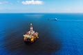 Oil rig accident spill into sea, aerial top view. Concept ecological disasters water Royalty Free Stock Photo