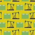 Oil rig and a bundle of money seamless pattern. Vector rich back