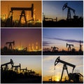 Oil rig, derrick, wellhead, refinery during sunset in the oilfield