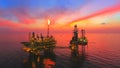 Oil Rig at late evening offshore areal photography during sunset