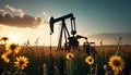 Oil rig operates efficiently in spring field with flowers on sunset. energy production from natural resources during