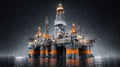 Offshore Oil Rig in Heavy Rain at Night - Deep Sea Drilling Platform Royalty Free Stock Photo