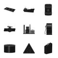 Oil rig, pump and other equipment for oil recovery, processing and storage.Oil set collection icons in black style