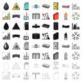 Oil rig, pump and other equipment for oil recovery, processing and storage.Oil set collection icons in cartoon style