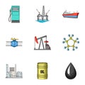 Oil rig, pump and other equipment for oil recovery, processing and storage.Oil set collection icons in cartoon style