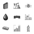 Oil rig, pump and other equipment for oil recovery, processing and storage.Oil set collection icons in monochrome style