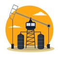Oil rig at sunset. Industrial concept . Cartoon flat illustration. Royalty Free Stock Photo