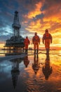 Oil rig workers at sunset with dramatic sky and offshore platform reflection, vertical view Royalty Free Stock Photo